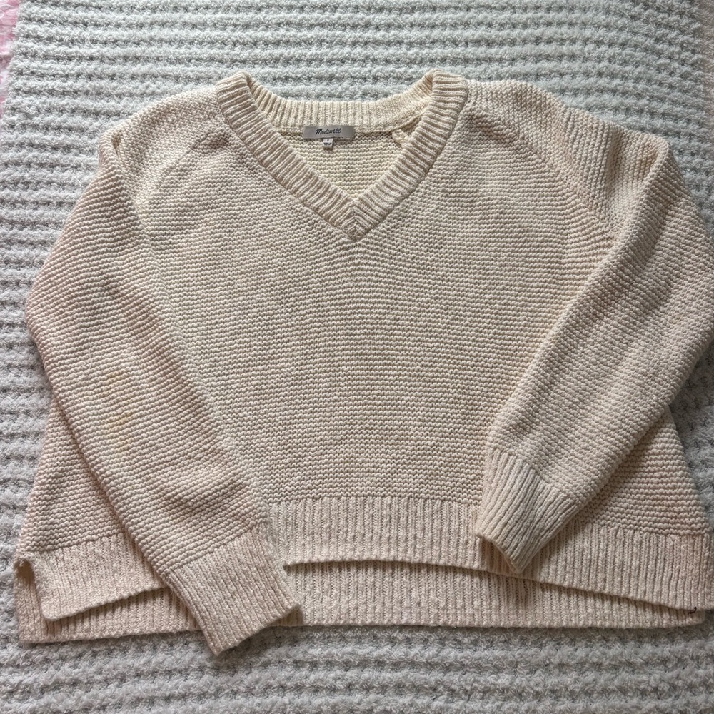 Madewell Cream V-Neck Sweater with Ribbed Trim